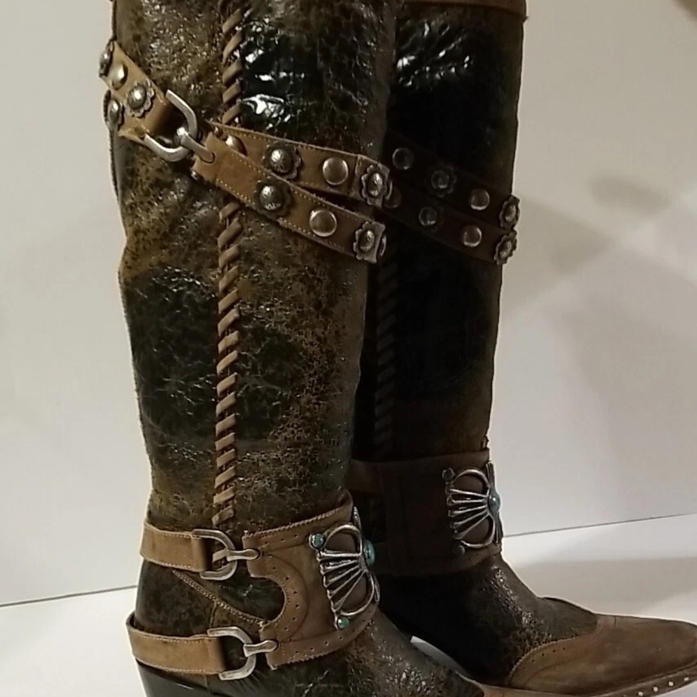 Elegant Brown Heeled Boots with Strap Details Double D Ranch x Lane Collab Turq